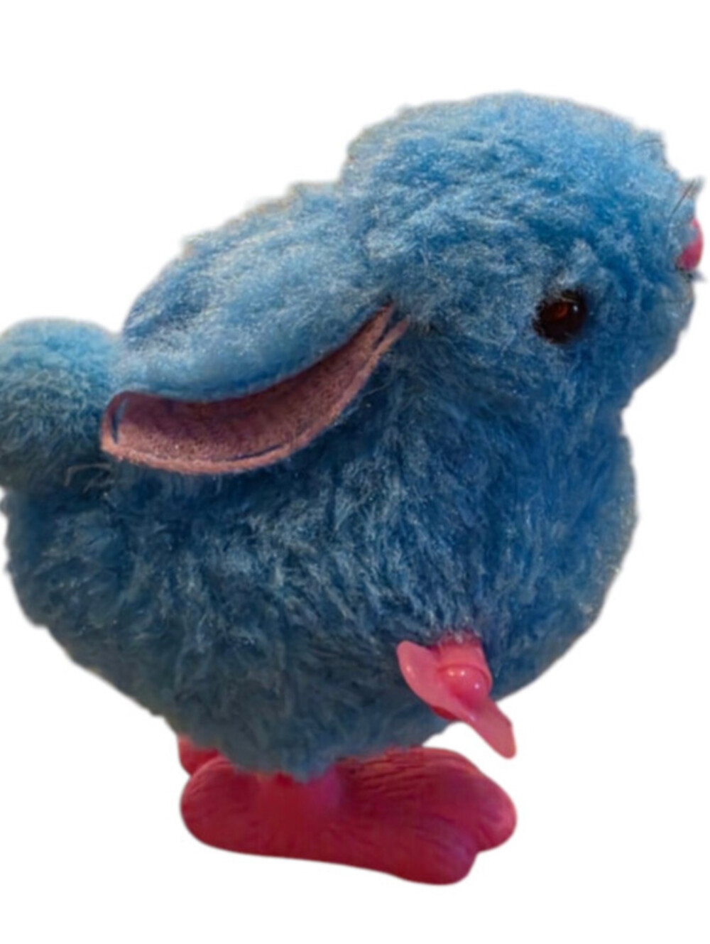 Vintage blue fluffy wind-up hopping plush bunny toy Easter